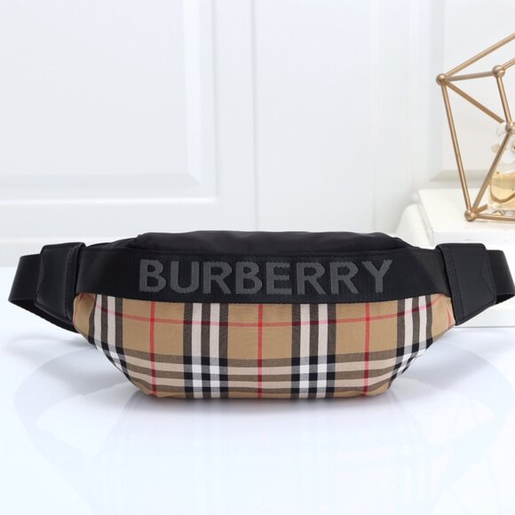 Burberry Black Logo Vintage Biege Check Zip Pocket Shoulder Crossbody Belt Bag - Picture 1 of 9